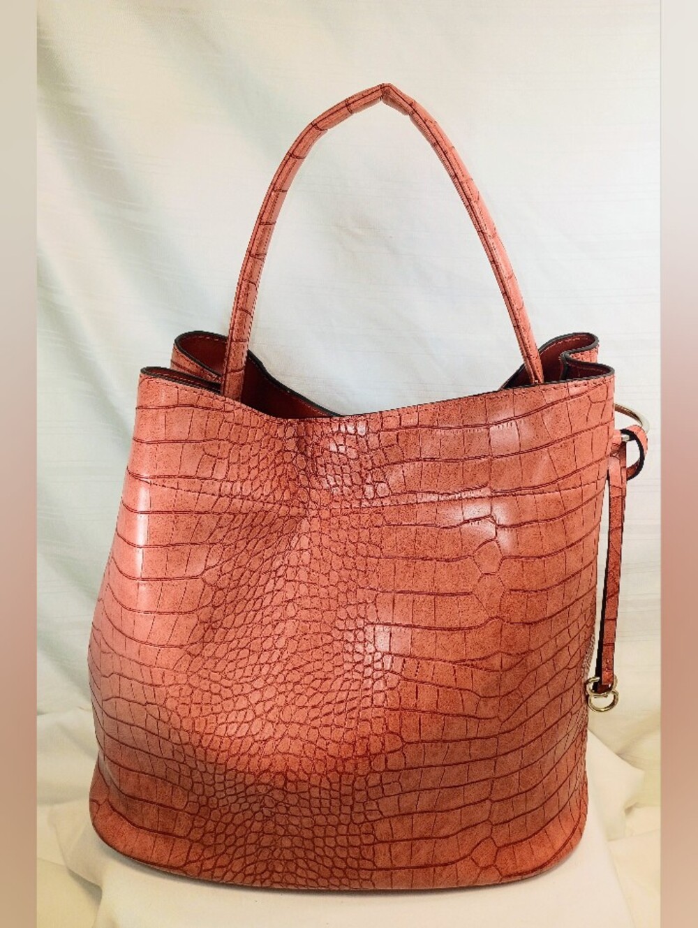 Collection XIIX Faux Croc Bucket Bag Coral Vegan Leather Shoulder Handbag Purse